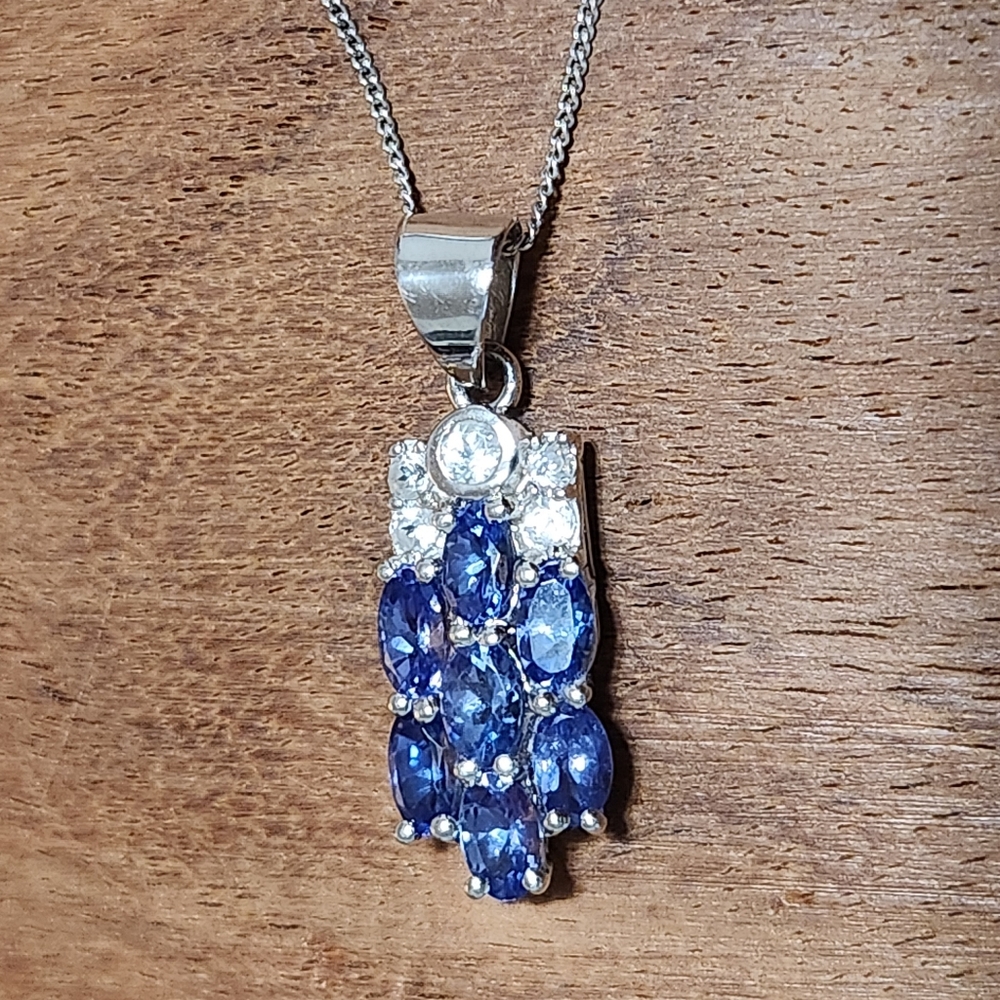 Sterling Silver 925 Tanzanite & CZ Cluster Pendant Necklace, 18", EUC